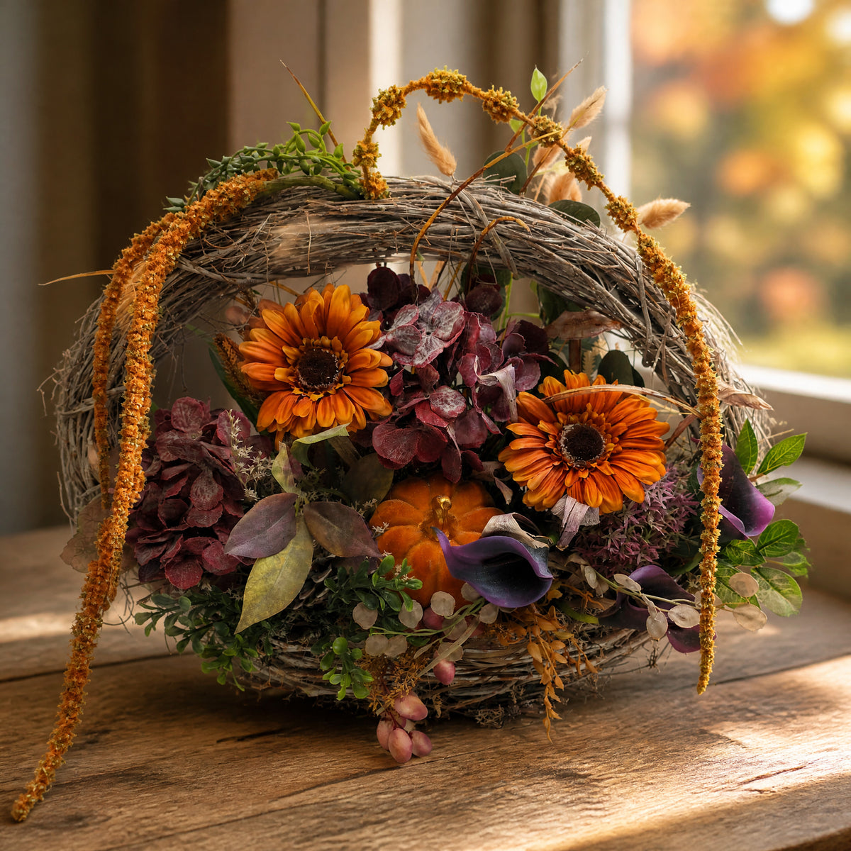 Szene Herbstgesteck Kürbis Gerbera Hortensie Calla orange lila