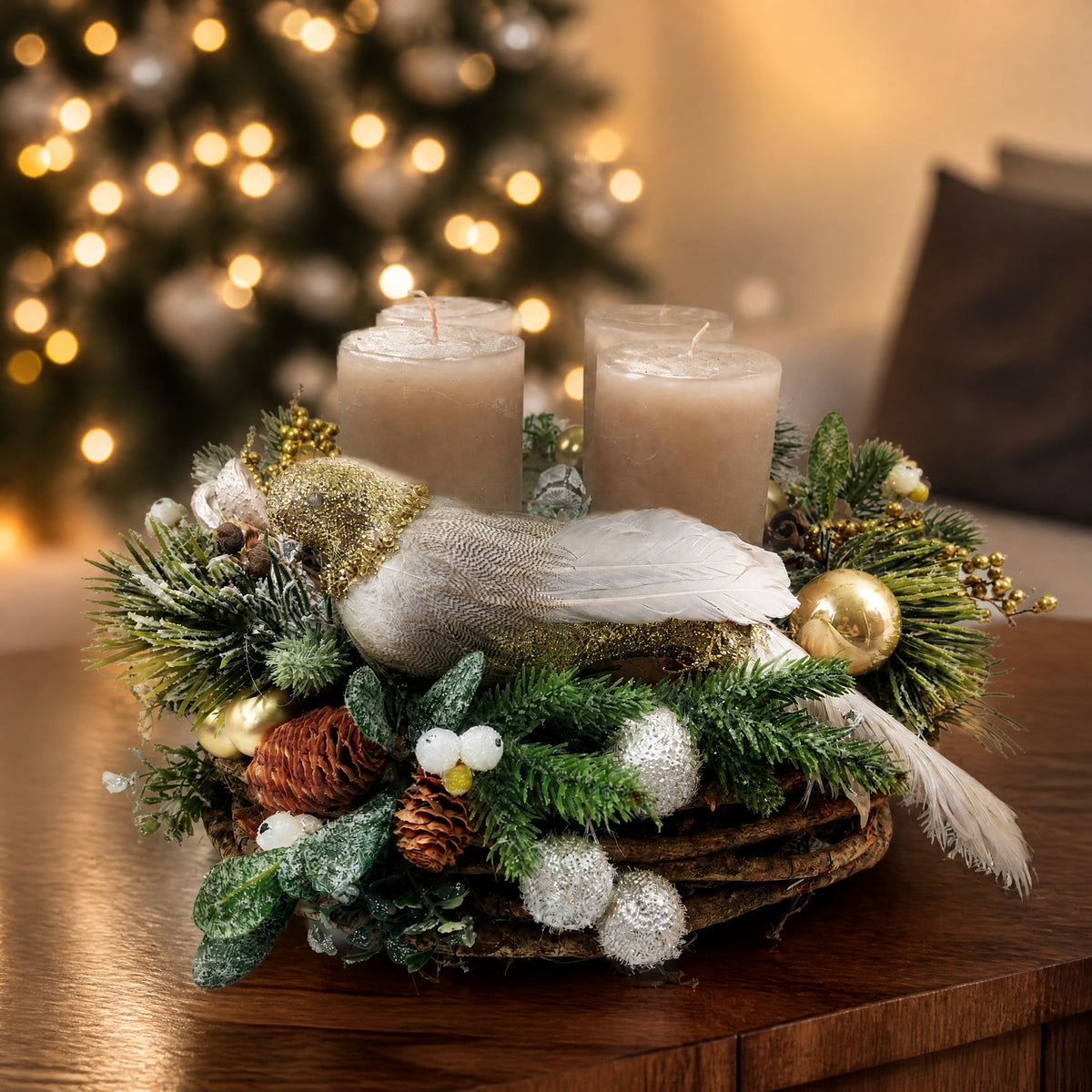 Szene Adventskranz Vogel Zapfen Kugeln sand gold
