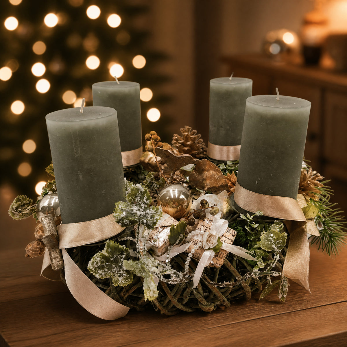 Szene Adventskranz Kerzen Kugel Geschenk Stern champagner salbei