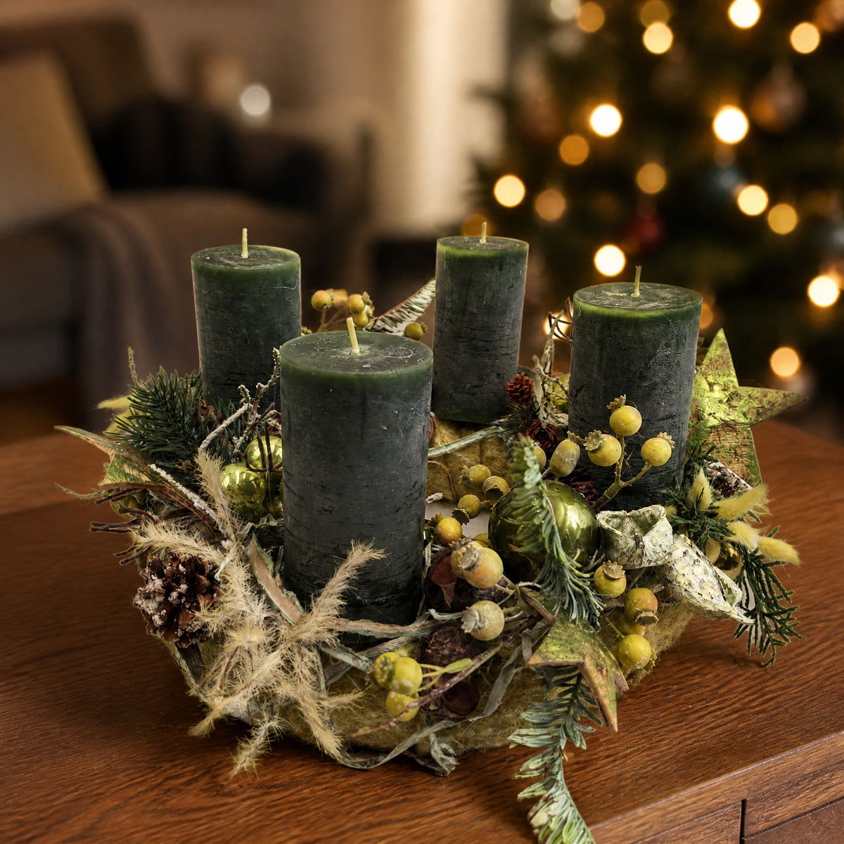 Szene Adventskranz Kerzen Kugel Stern Beeren grün gelb