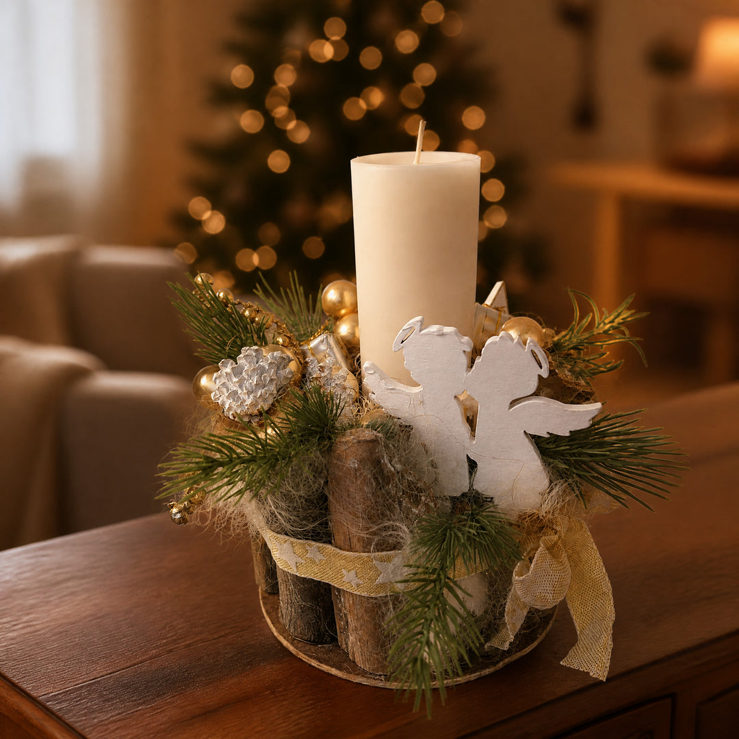 Szene Weihnachtsgesteck Engel Kugeln Zapfen creme gold