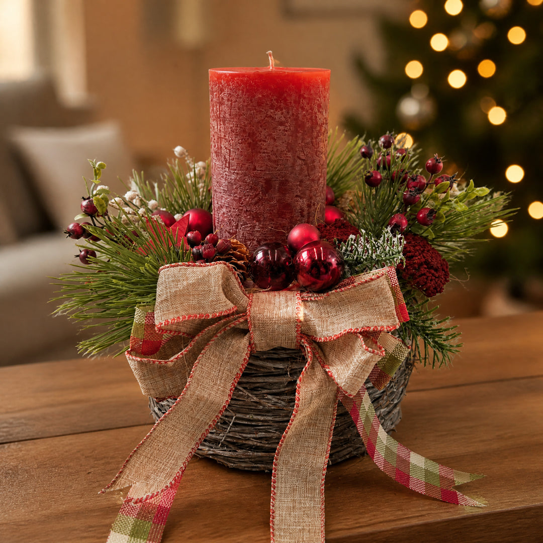 Szene Weihnachtsgesteck Kerze Kugeln Stern Schleife rot natur