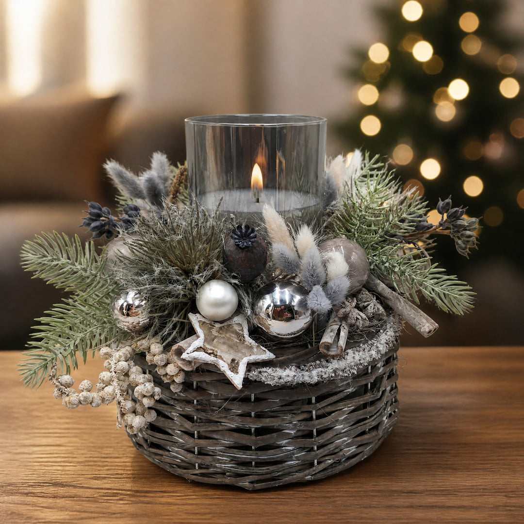 Szene Weihnachtsgesteck LED Teelicht Kugel Stern grau silber