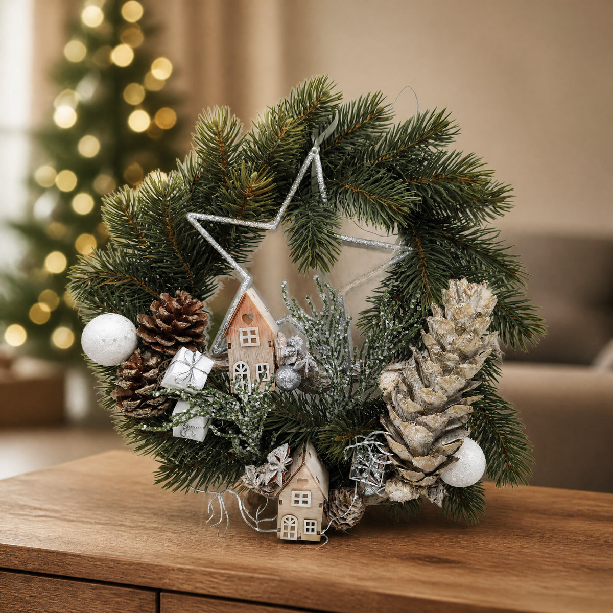 Szene Türkranz Weihnachten Holzhaus Stern Zapfen Kugeln natur silber