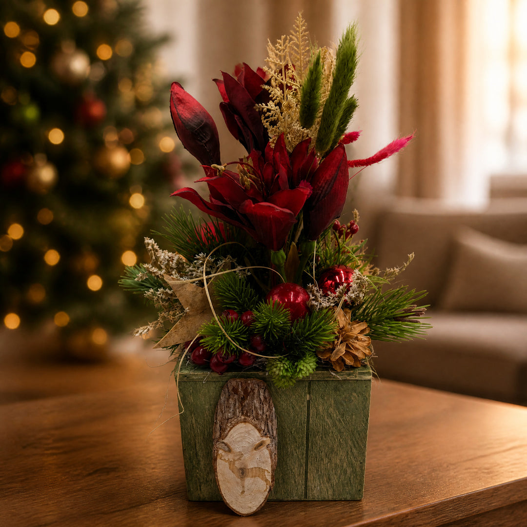Szene Weihnachtsgesteck Amaryllis Kugel Stern Zapfen rot grün