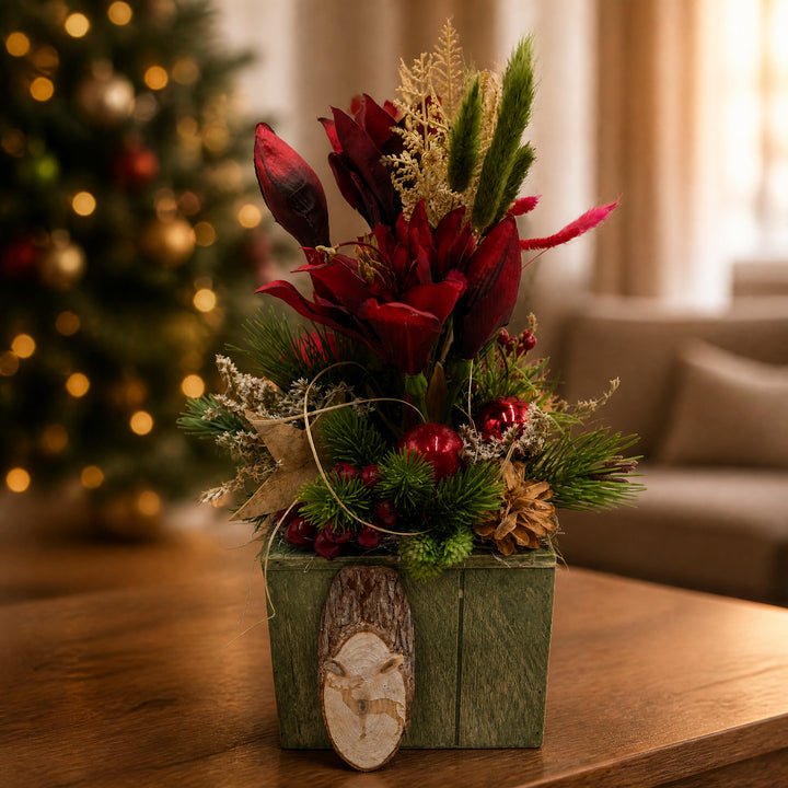 Szene Weihnachtsgesteck Amaryllis Kugel Stern Zapfen rot grün
