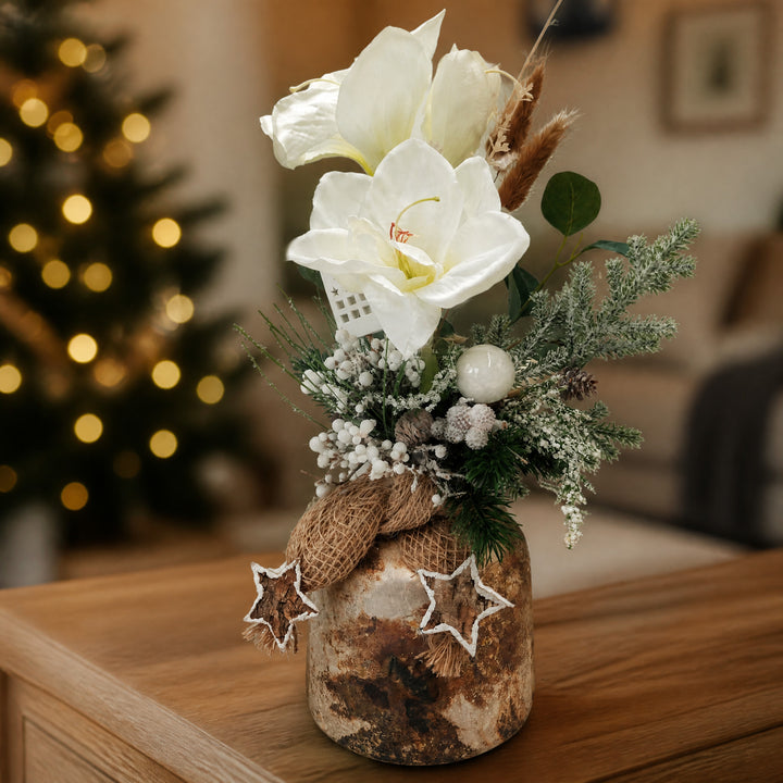 Szene Weihnachtsgesteck Amaryllis Kugel Stern Zapfen weiß natur