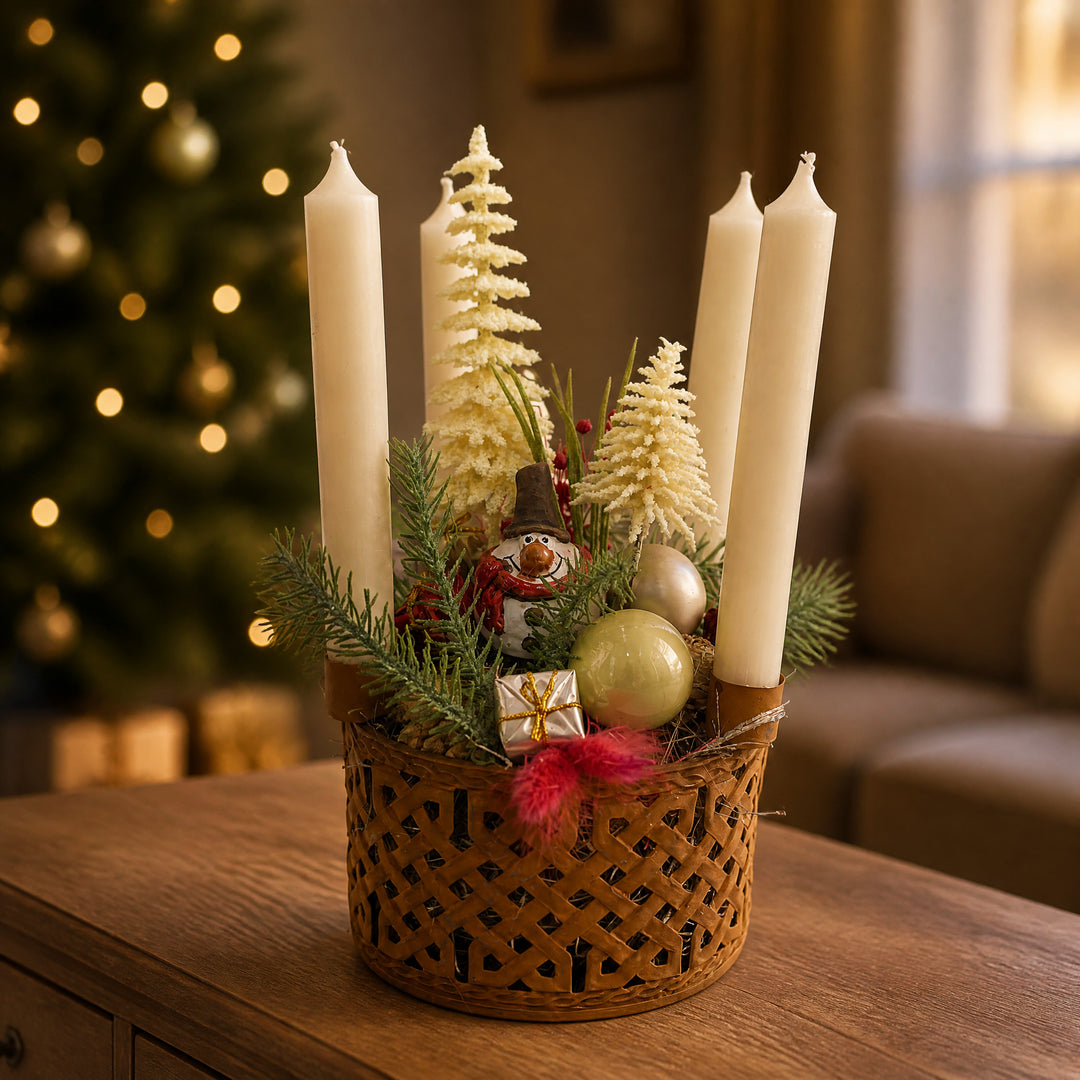 Szene Adventsgesteck Schneemann Tannenbäumchen Kugeln creme rost
