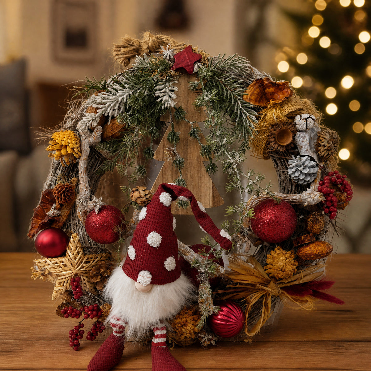 Szene Türkranz Weihnachten Wichtel Tannenbaum Kugeln rot natur