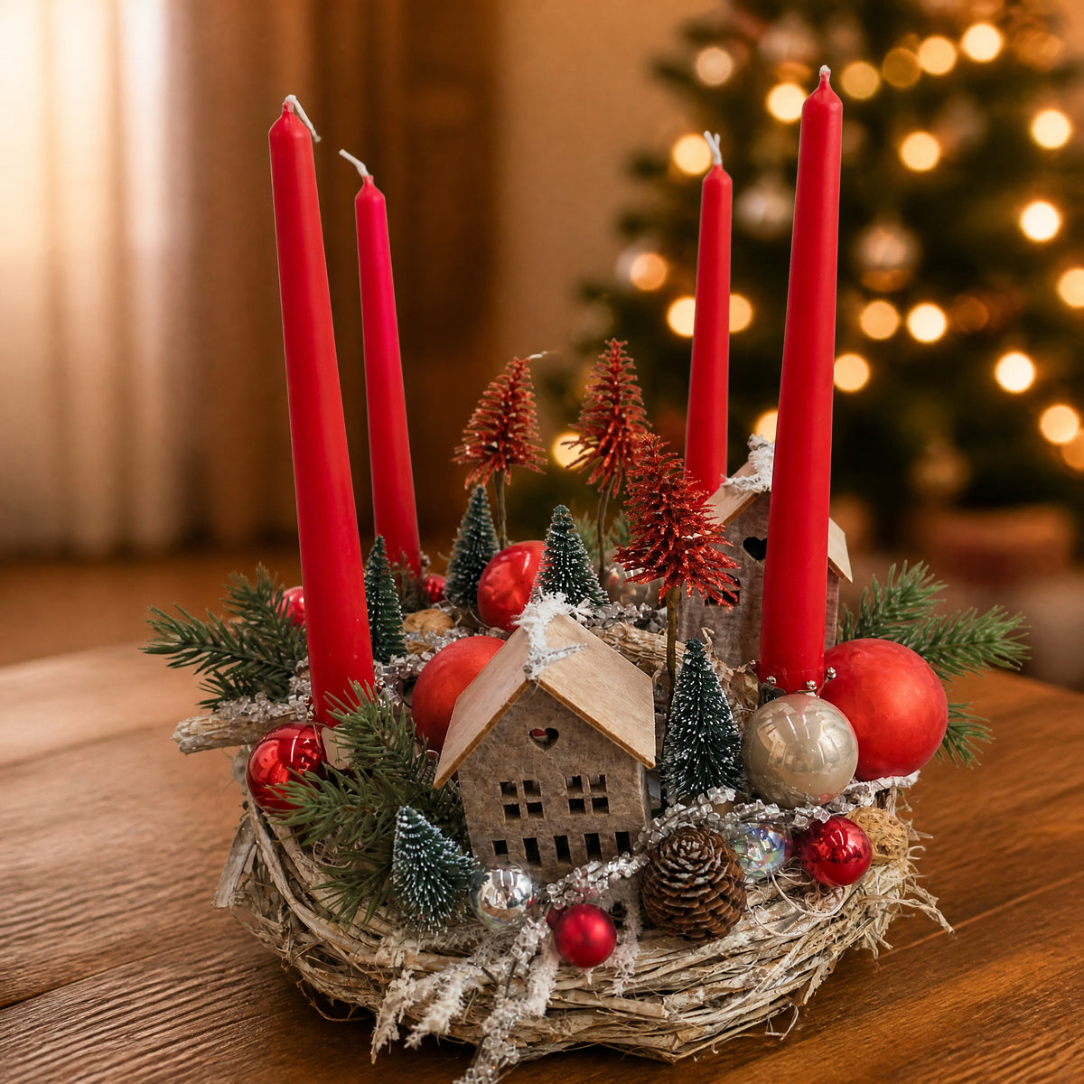 Szene Adventsgesteck Haus Tannenbäumchen Kugeln rot natur