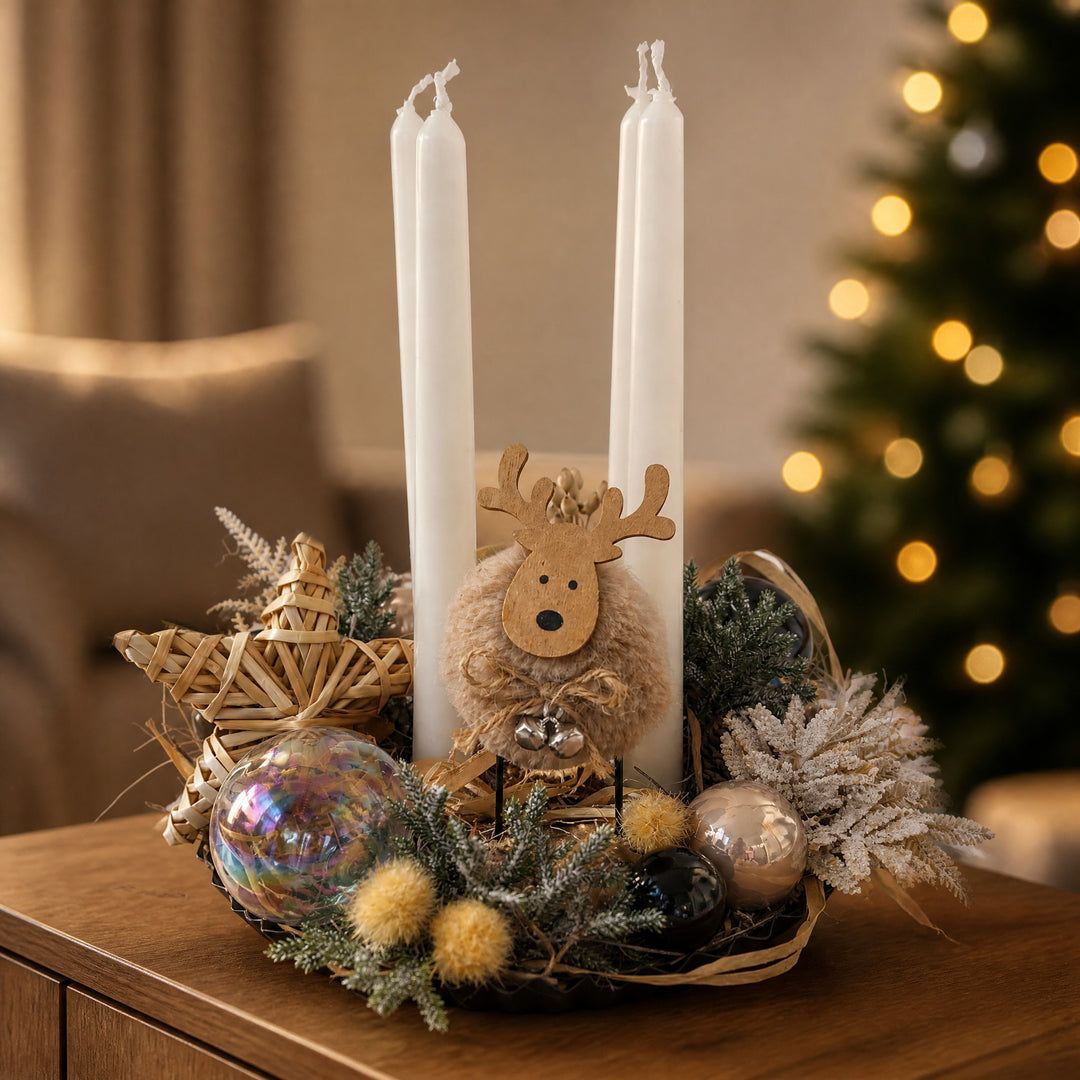 Szene Adventsgesteck Kugeln Stern Hirsch natur creme schwarz