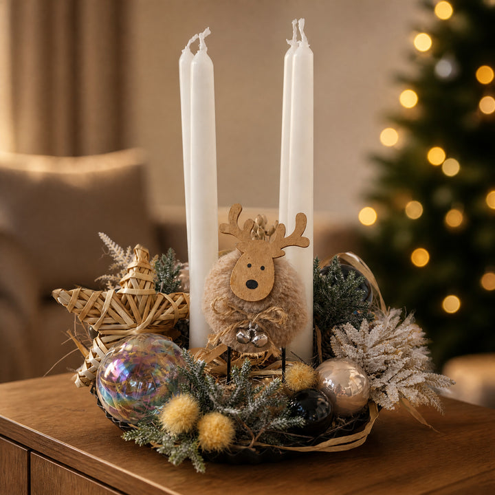 Szene Adventsgesteck Kugeln Stern Hirsch natur creme schwarz