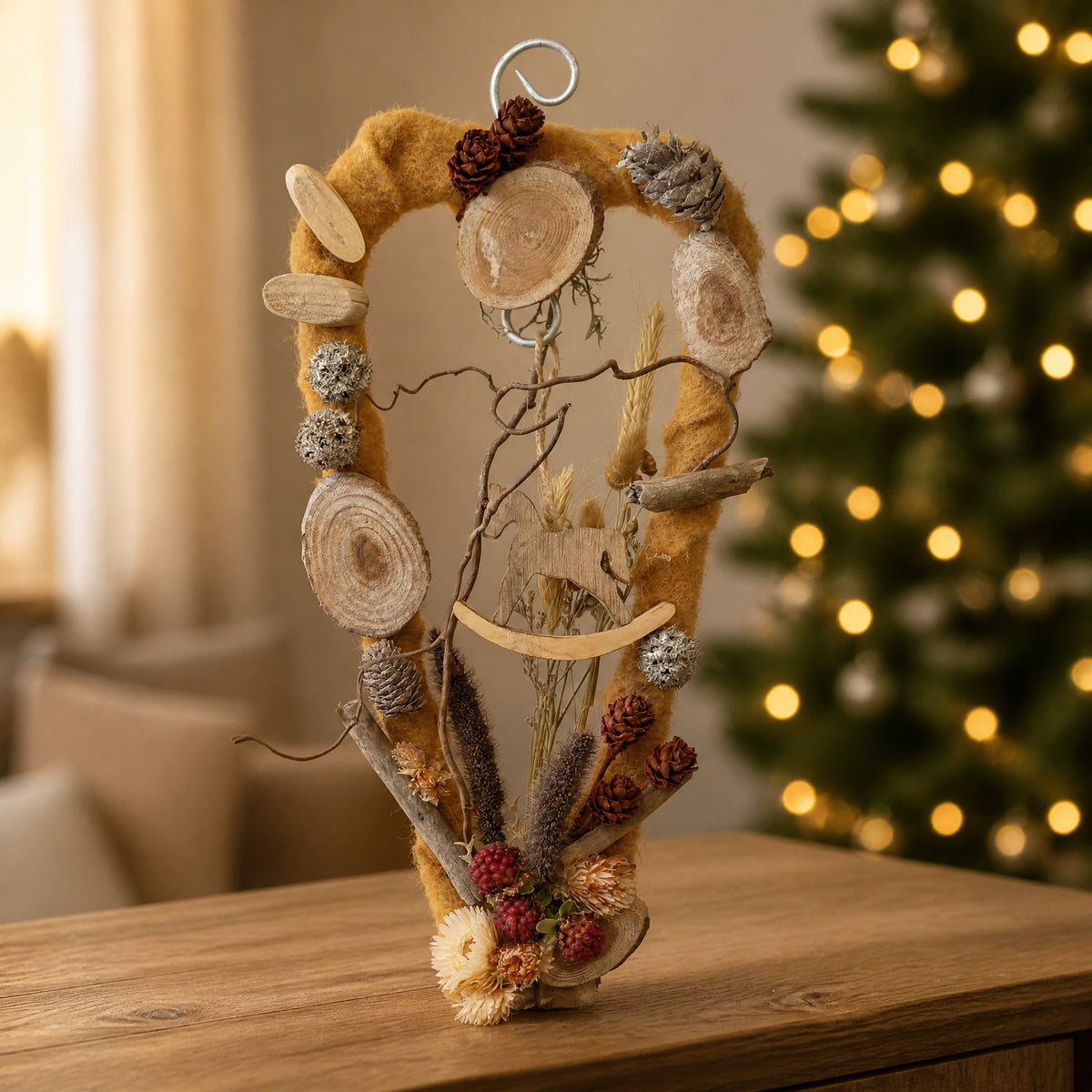 Szene Türkranz Weihnachtskranz Herz Schaukelpferd Zapfen senf ocker Wandkranz