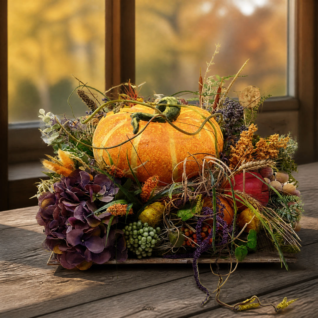 Szene Herbstgesteck Kürbis Hortensie Beeren Gräser orange lila