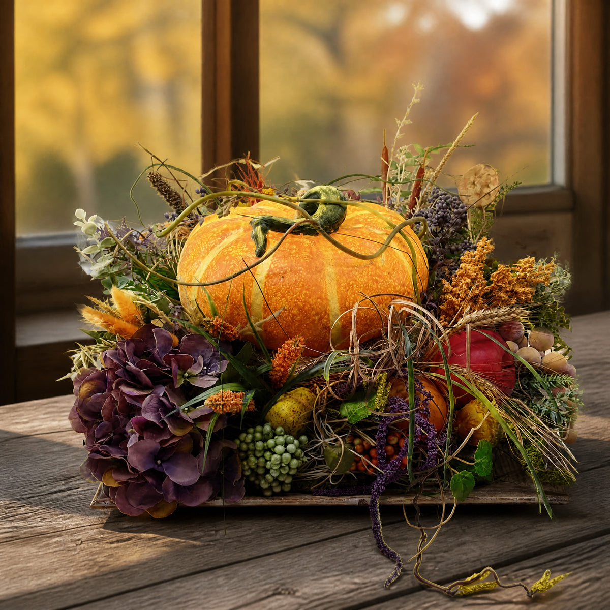 Szene Herbstgesteck Kürbis Hortensie Beeren Gräser orange lila