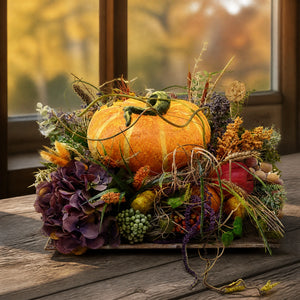 Szene Herbstgesteck Kürbis Hortensie Beeren Gräser orange lila