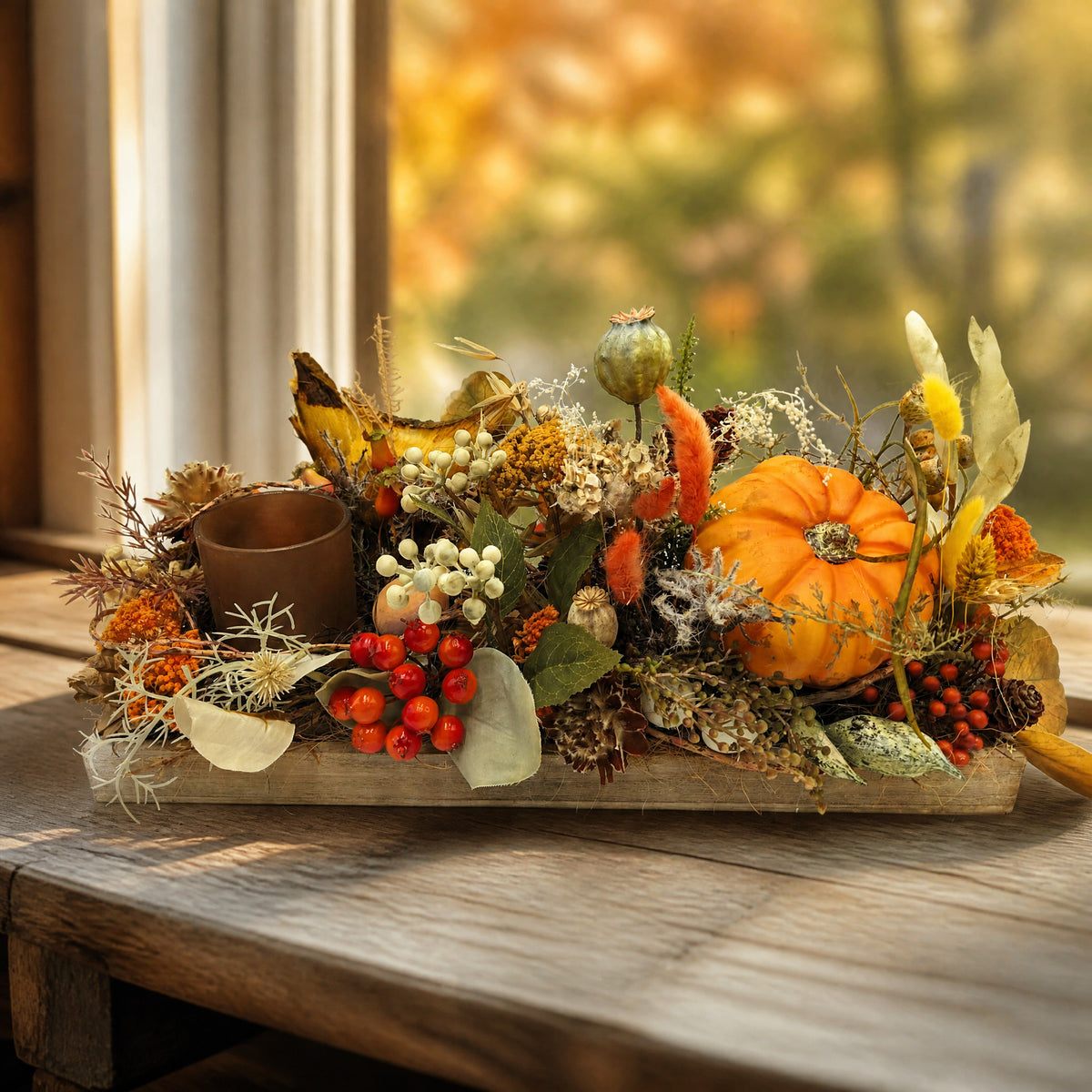 Szene Herbstgesteck Kürbis Beeren Gräser orange, mit Teelichtglas