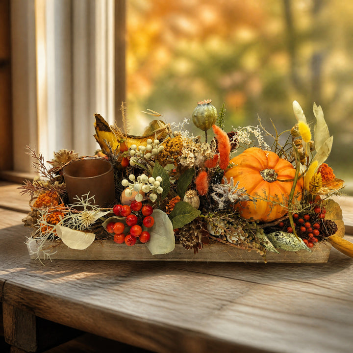 Szene Herbstgesteck Kürbis Beeren Gräser orange, mit Teelichtglas