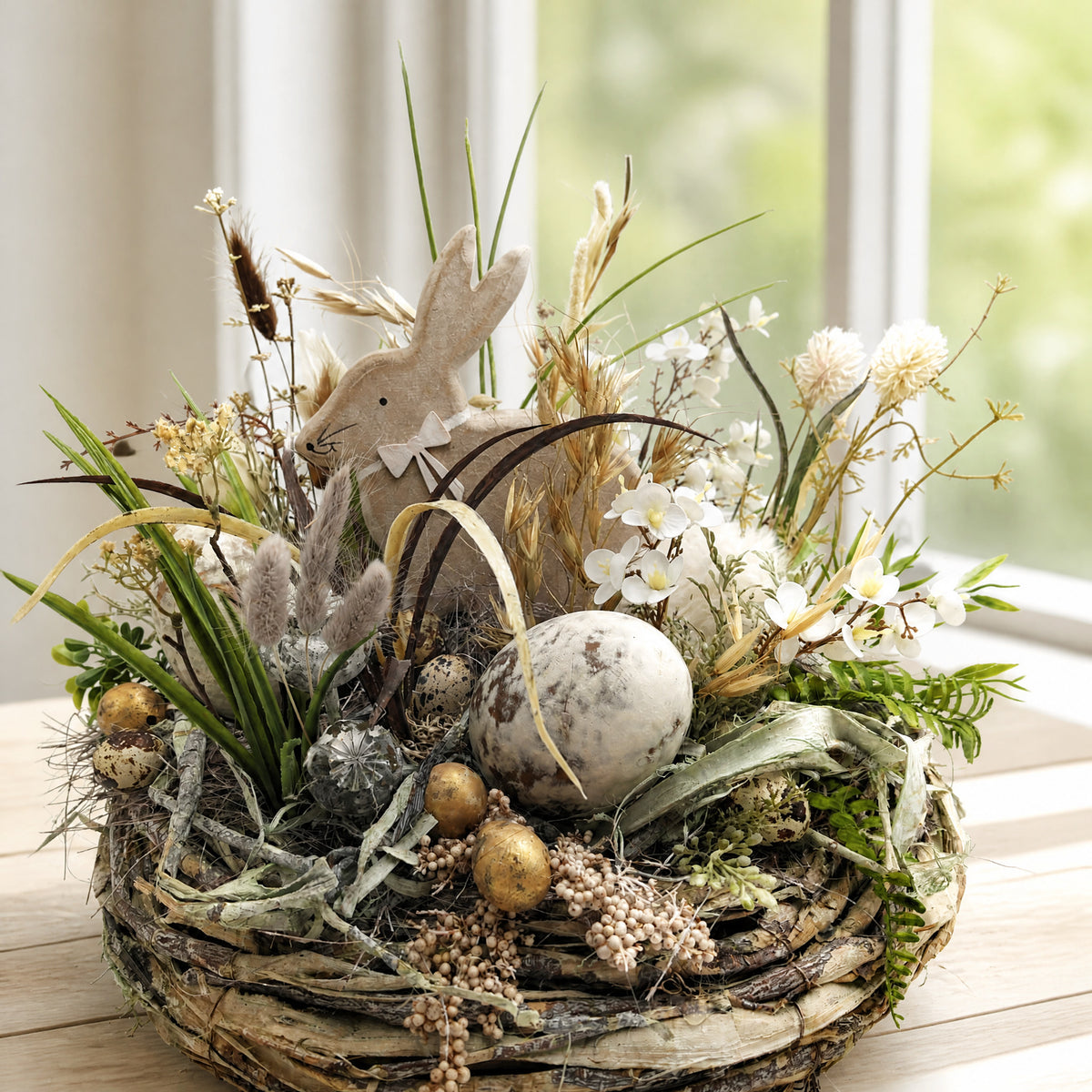 Szene Osterkranz Frühlingskranz Hase Eier Gräser natur weiss