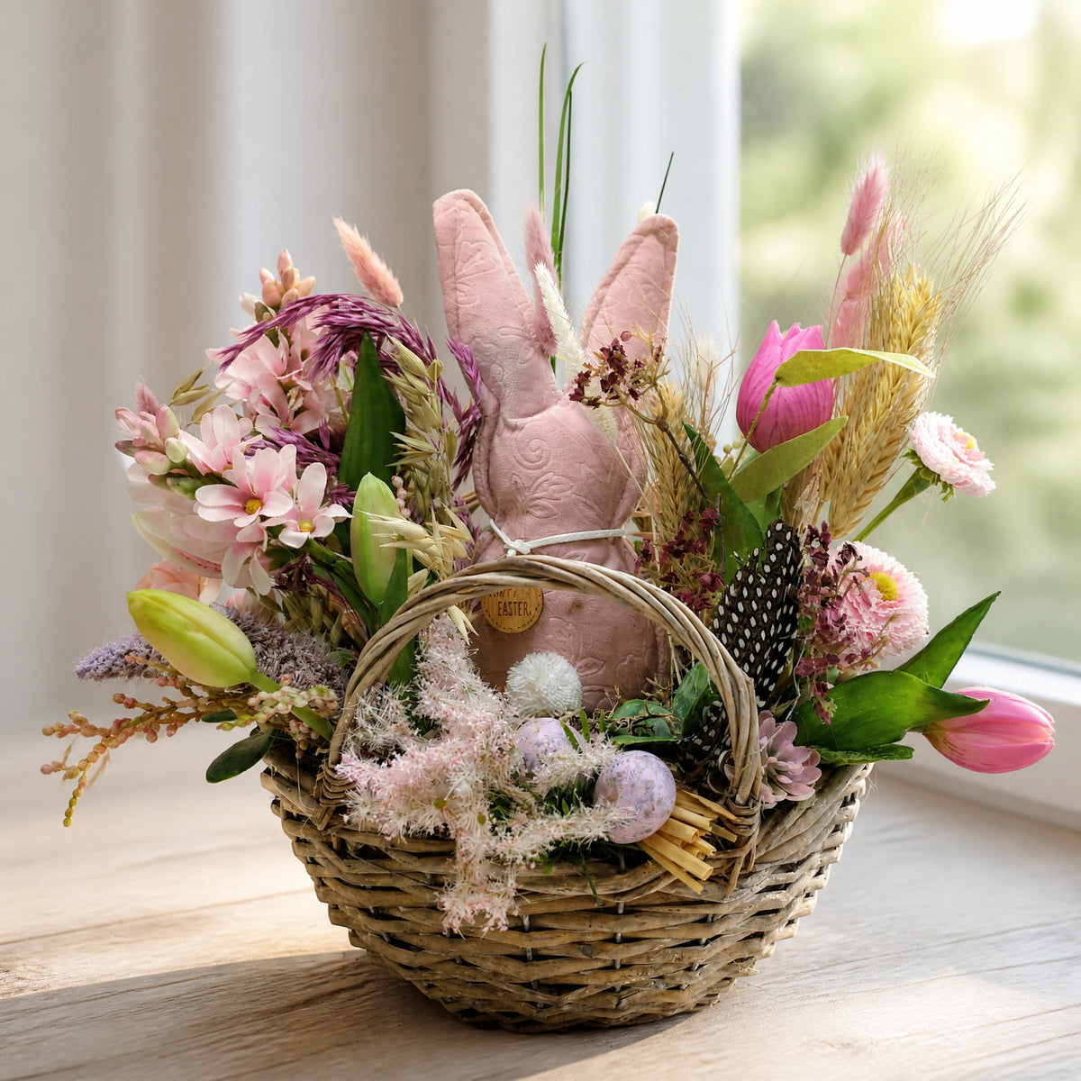 Szene Ostergesteck Frühlingsgesteck Hase Tulpen Bellis Gräser rosa