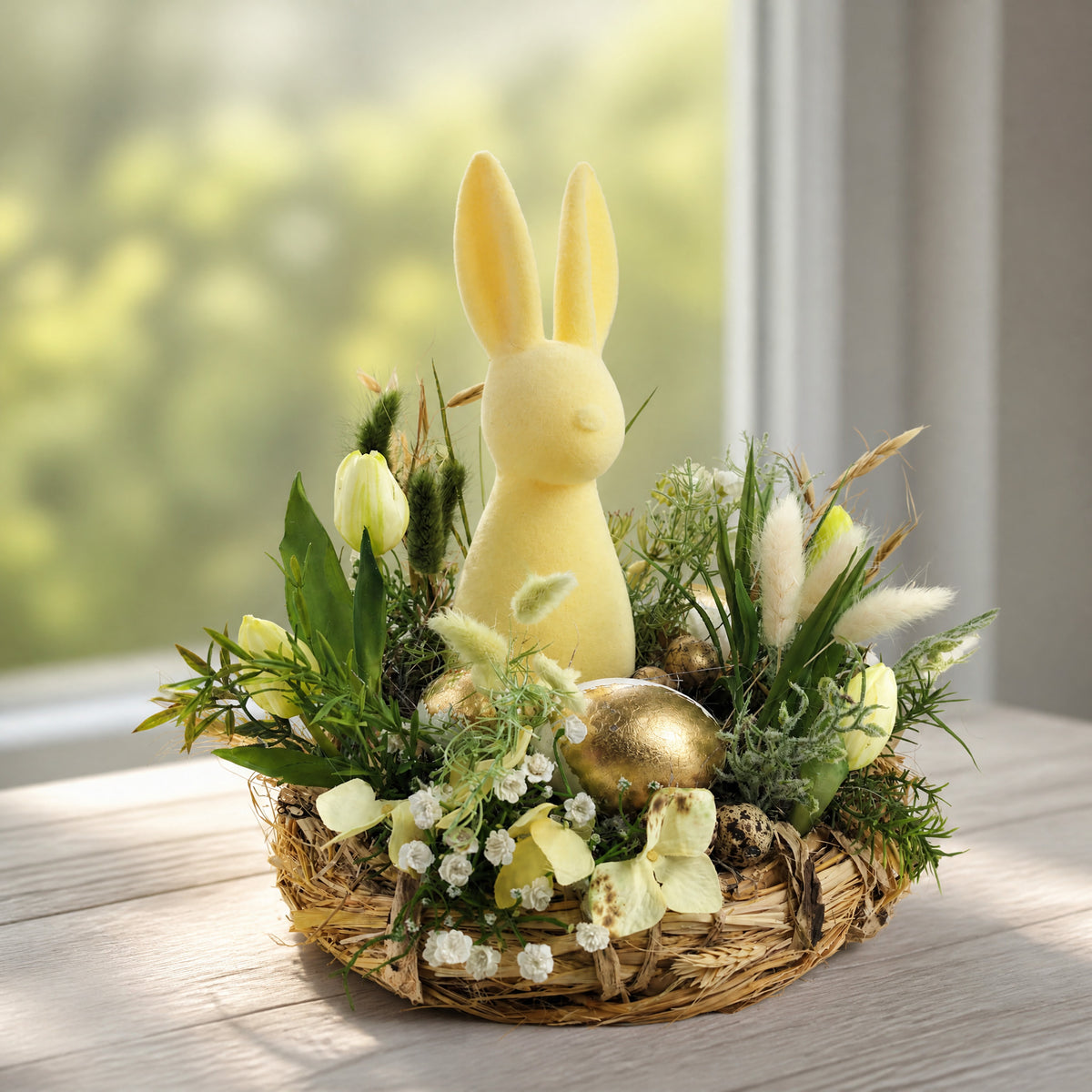 Szene Ostergesteck Frühlingsgesteck Hase Tulpen Gräser gelb gold