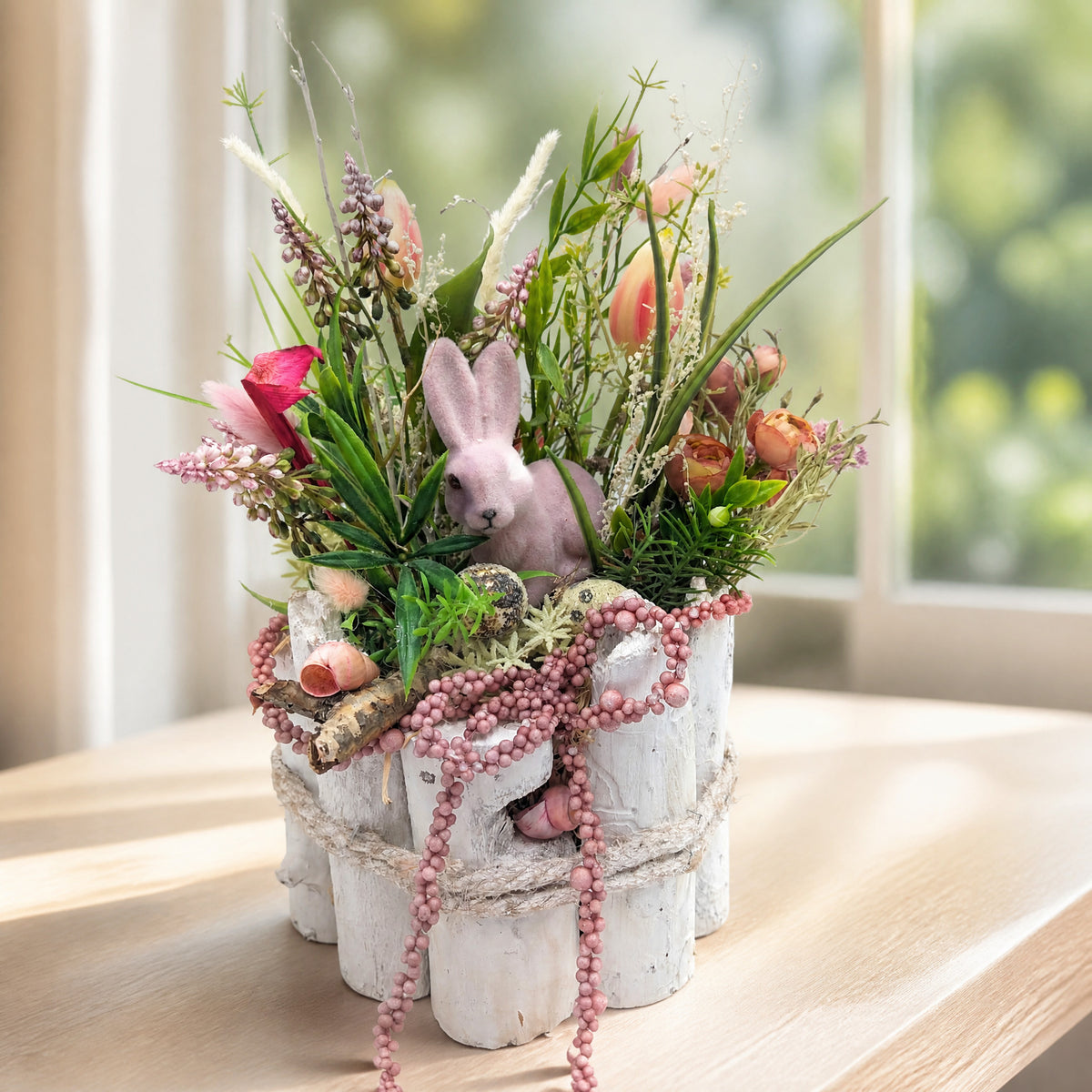 Szene Ostergesteck Frühlingsgesteck Tulpen Hyazinthen Gräser rosa