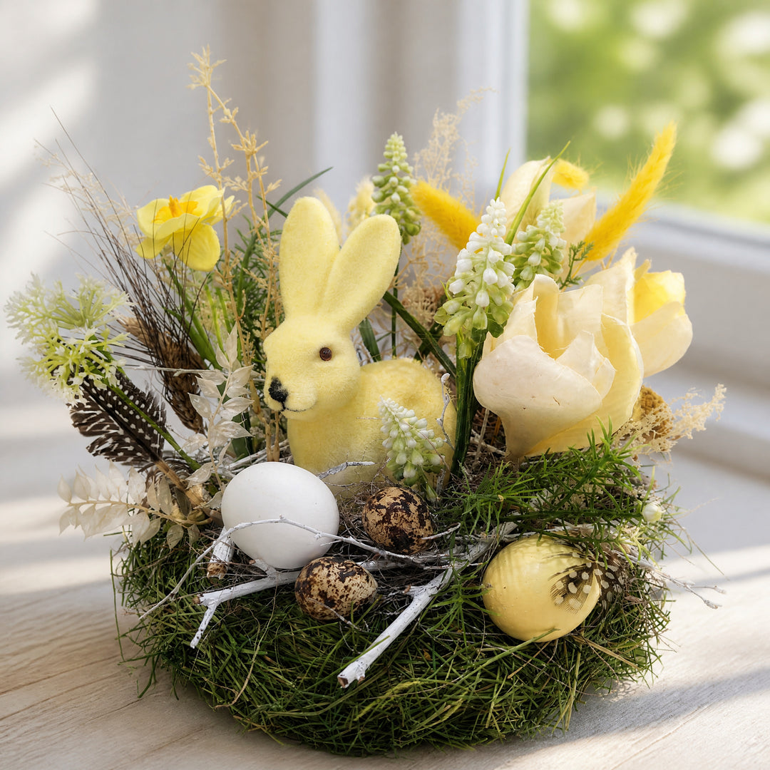 Szene Ostergesteck Hase Eier Hyazinthen Gräser gelb creme