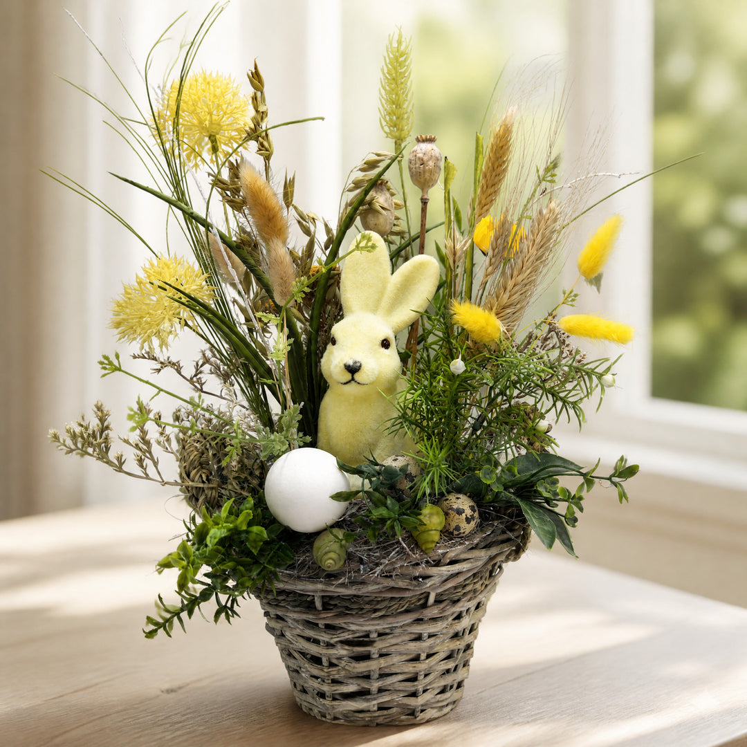 Szene Ostergesteck Frühlingsgesteck Hase Gräser Eier gelb