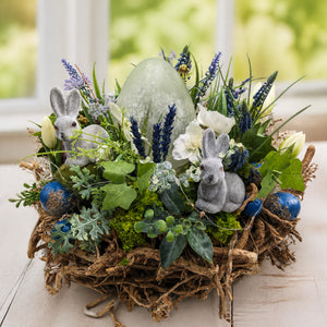 Szene Osterkranz Hasen Osterei Hyazinthen Tulpen LED blau