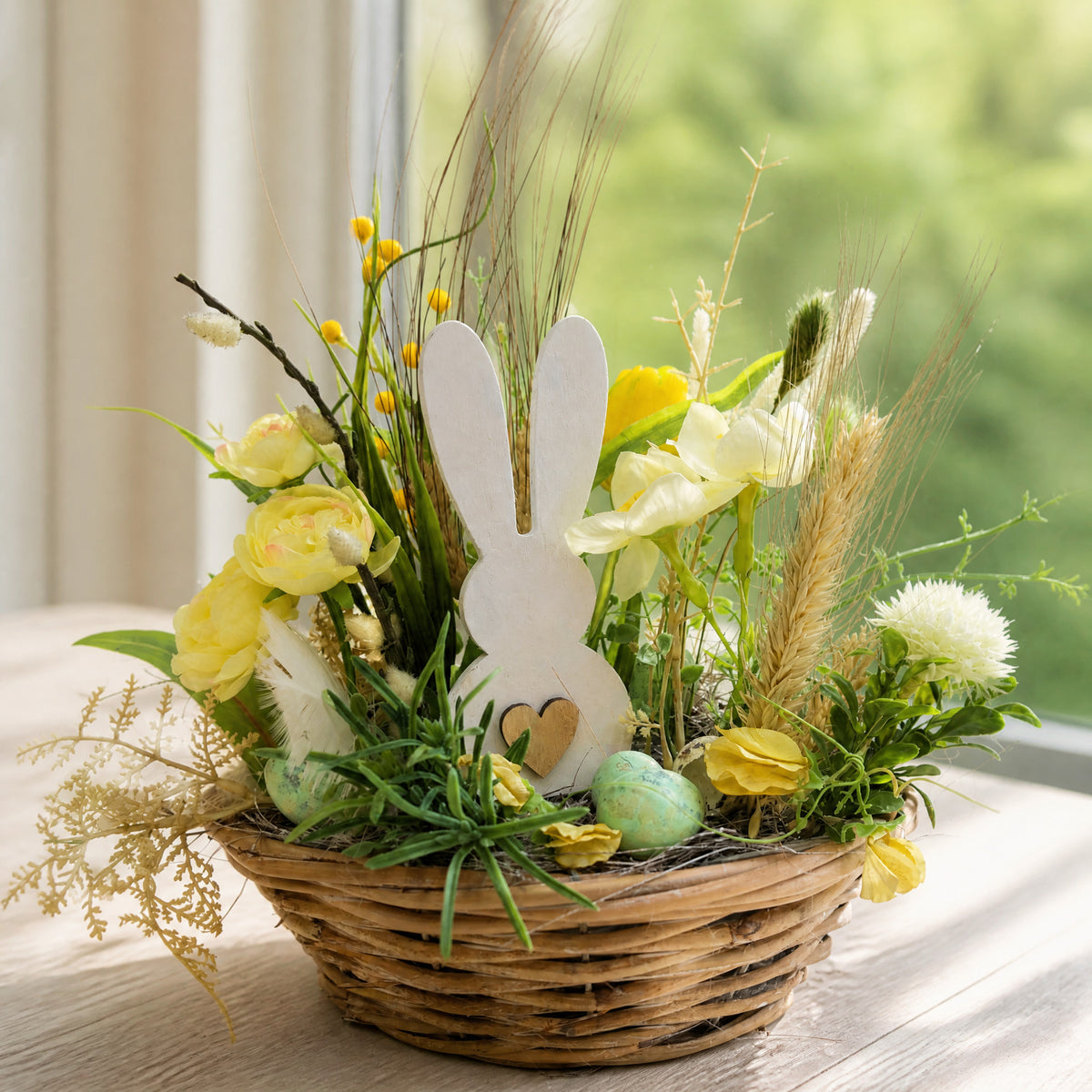 Szene Ostergesteck Frühlingsgesteck Tulpen Gräser Hase weiß gelb