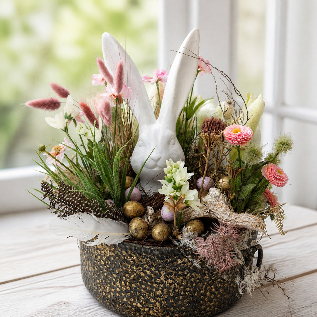 Szene Ostergesteck Frühlingsgesteck Hase Gräser Eier rosa weiß gold