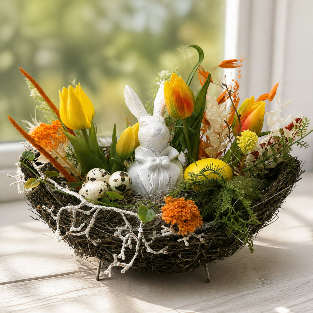 Szene Ostergesteck Frühlingsgesteck Tulpen Hase Eier orange gelb