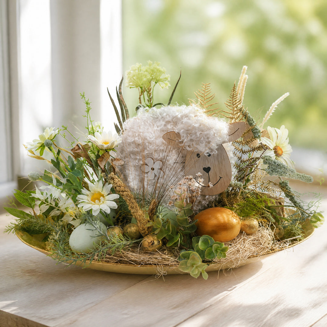 Szene Ostergesteck Frühlingsgesteck Schaf Margeriten Gräser gold weiß