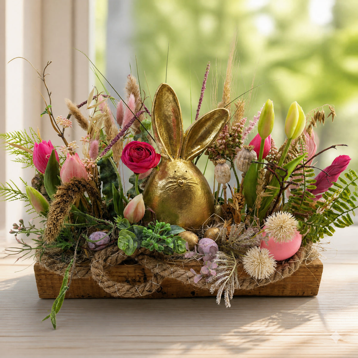 Szene Ostergesteck Frühlingsgesteck Hase Tulpen LED gold rosa