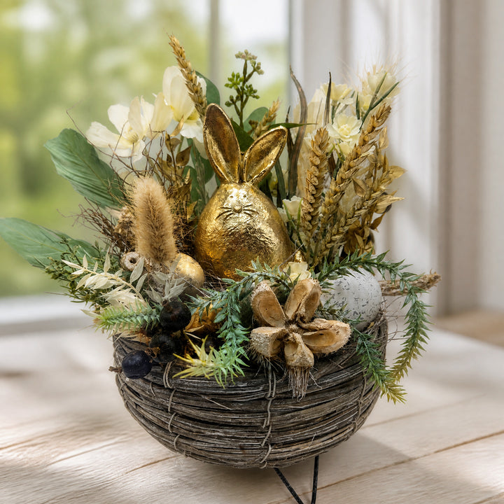 Szene Ostergesteck Frühlingsgesteck Hase Ähren Gräser gold creme