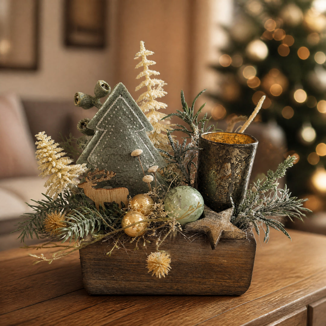 Szene Wintergesteck Weihnachtsgesteck Teelicht Tanne Stern mint gold