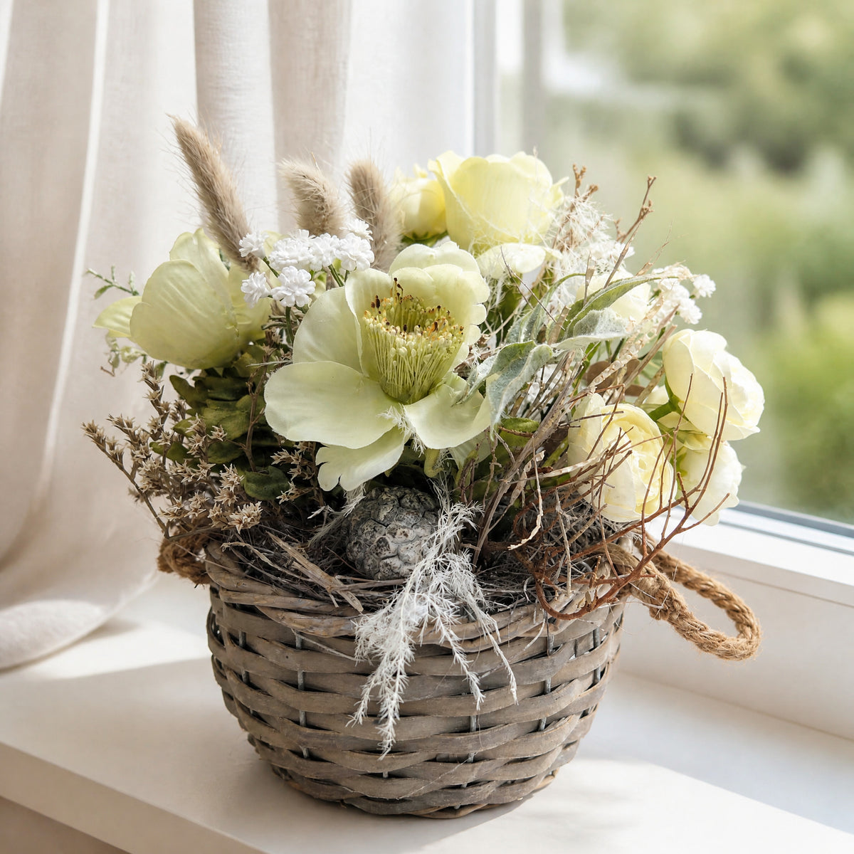 Szene Frühlingesteck Anemone Ranunkel Korb weiß creme