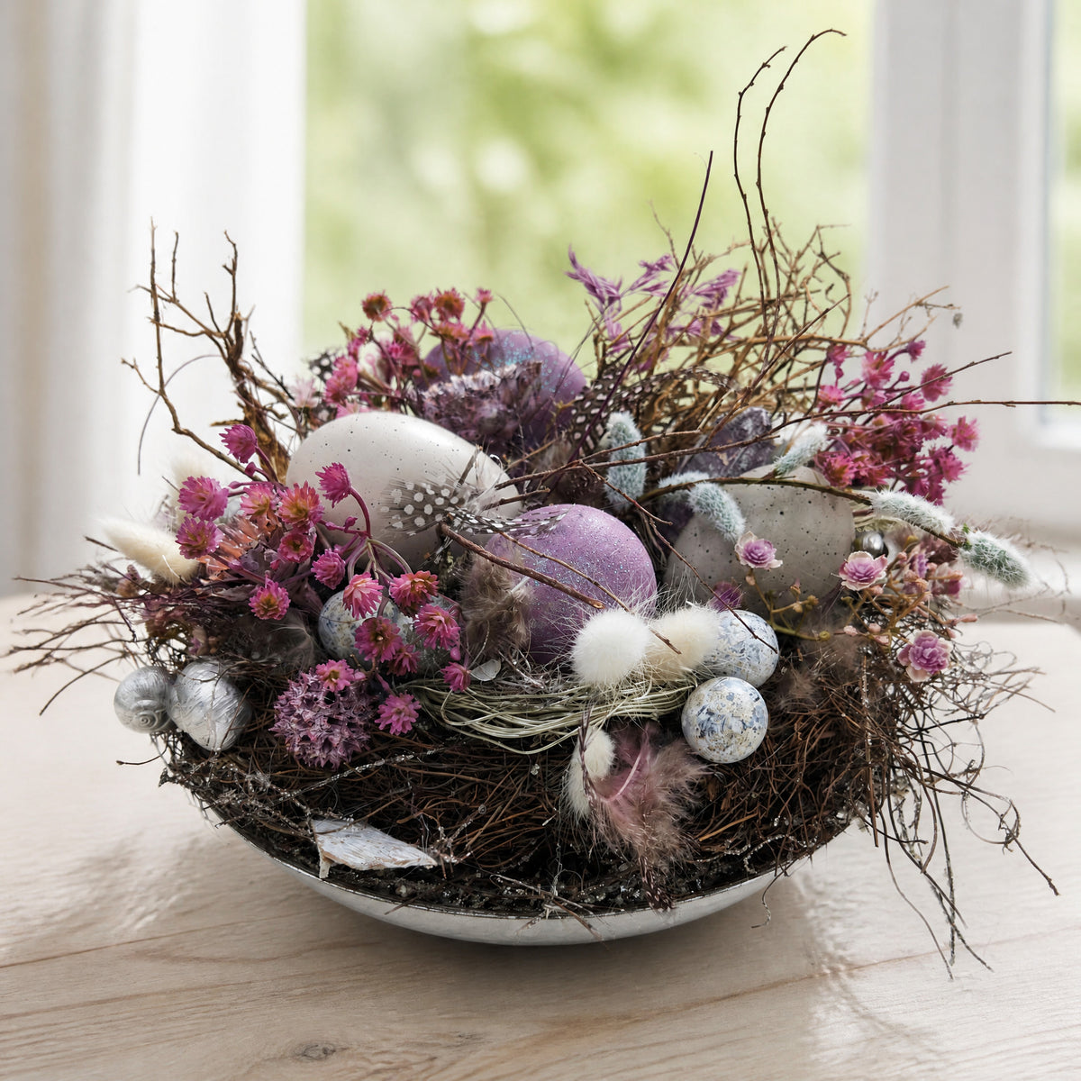 Szene Ostergesteck Nest Ostereier Federn Trockenblumen lila rosa