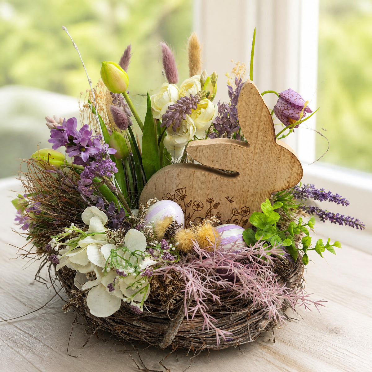 Szene Ostergesteck Frühlingsgesteck Tulpen Holzhase Ostereier lila weiß