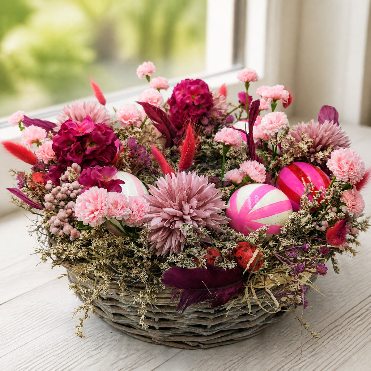 Szene Osterkranz Frühlingskranz Eier Gräser Federn rosa pink