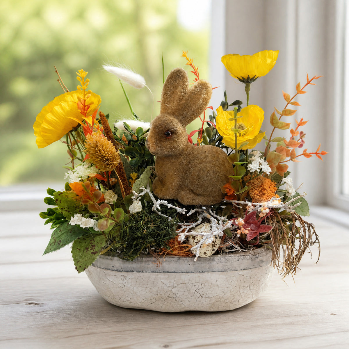 Szene Ostergesteck Frühlingsgesteck Hase Mohn Gräser gelb orange