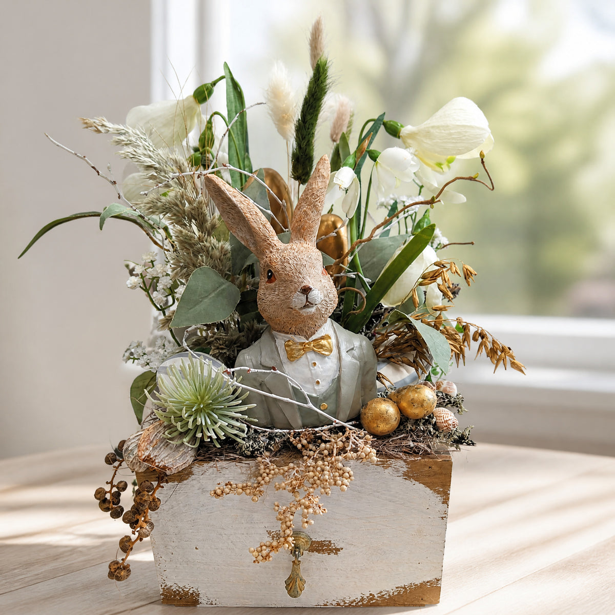 Szene Ostergesteck Frühlingsgesteck Hase Schneeglöckchen Gräser grau gold