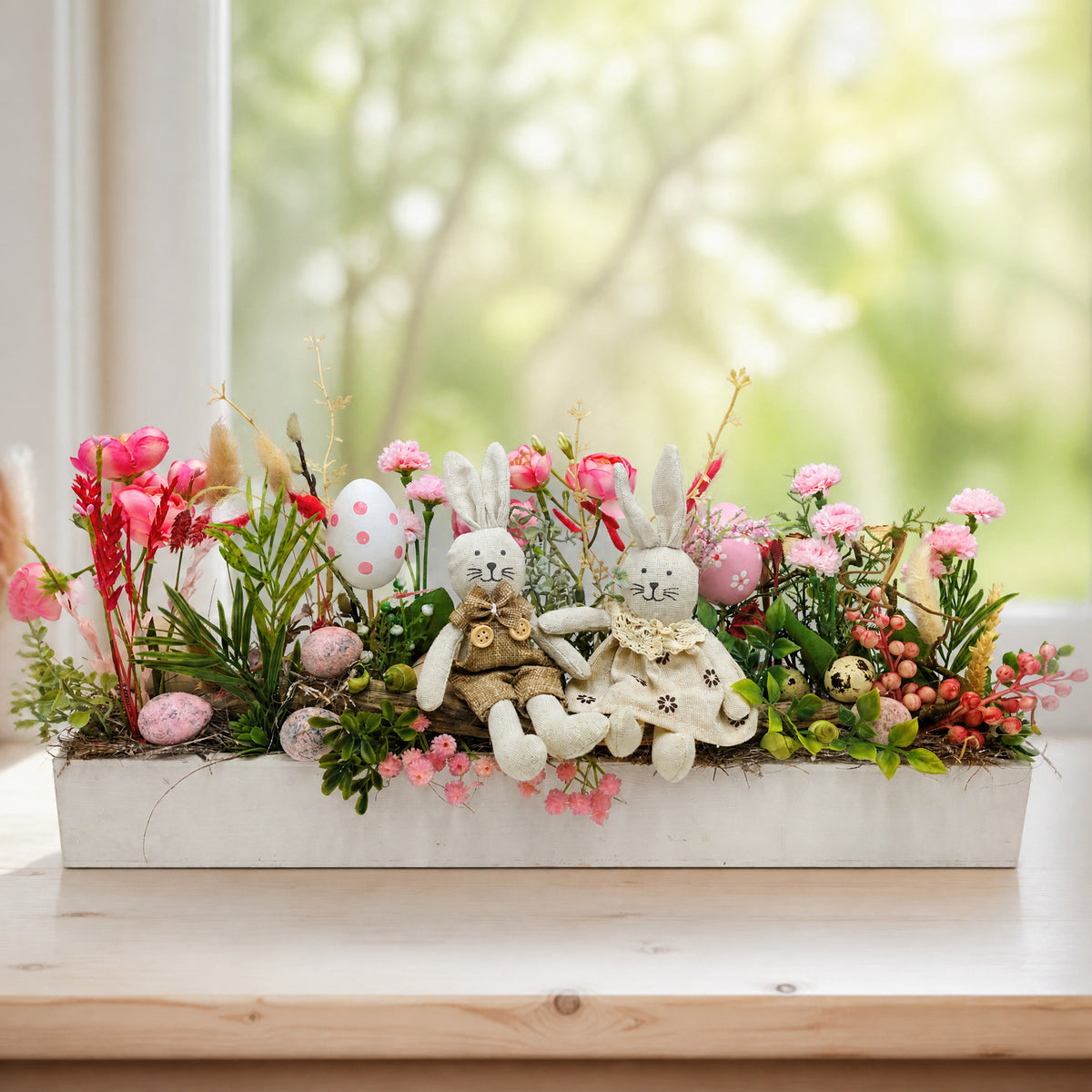 Szene Ostergesteck Frühlingsgesteck Hasen Ranunkeln Nelken rosa