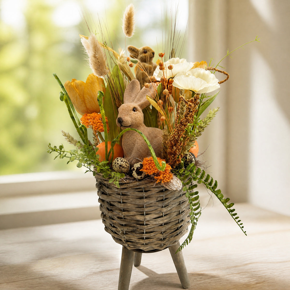 Szene Ostergesteck Frühlingsgesteck Tulpen Hase Gräser orange creme