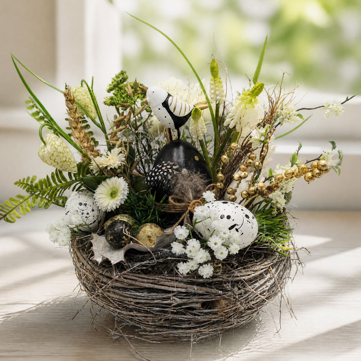 Szene Ostergesteck Frühlingsgesteck Vogel Ostereier schwarz weiss