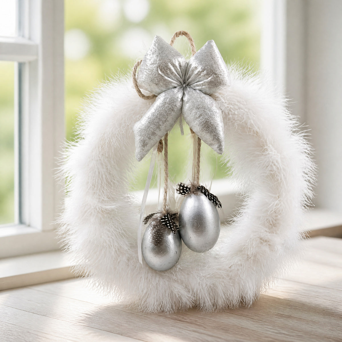Szene Türkranz Ostern Federn Eier Schleife silber weiss