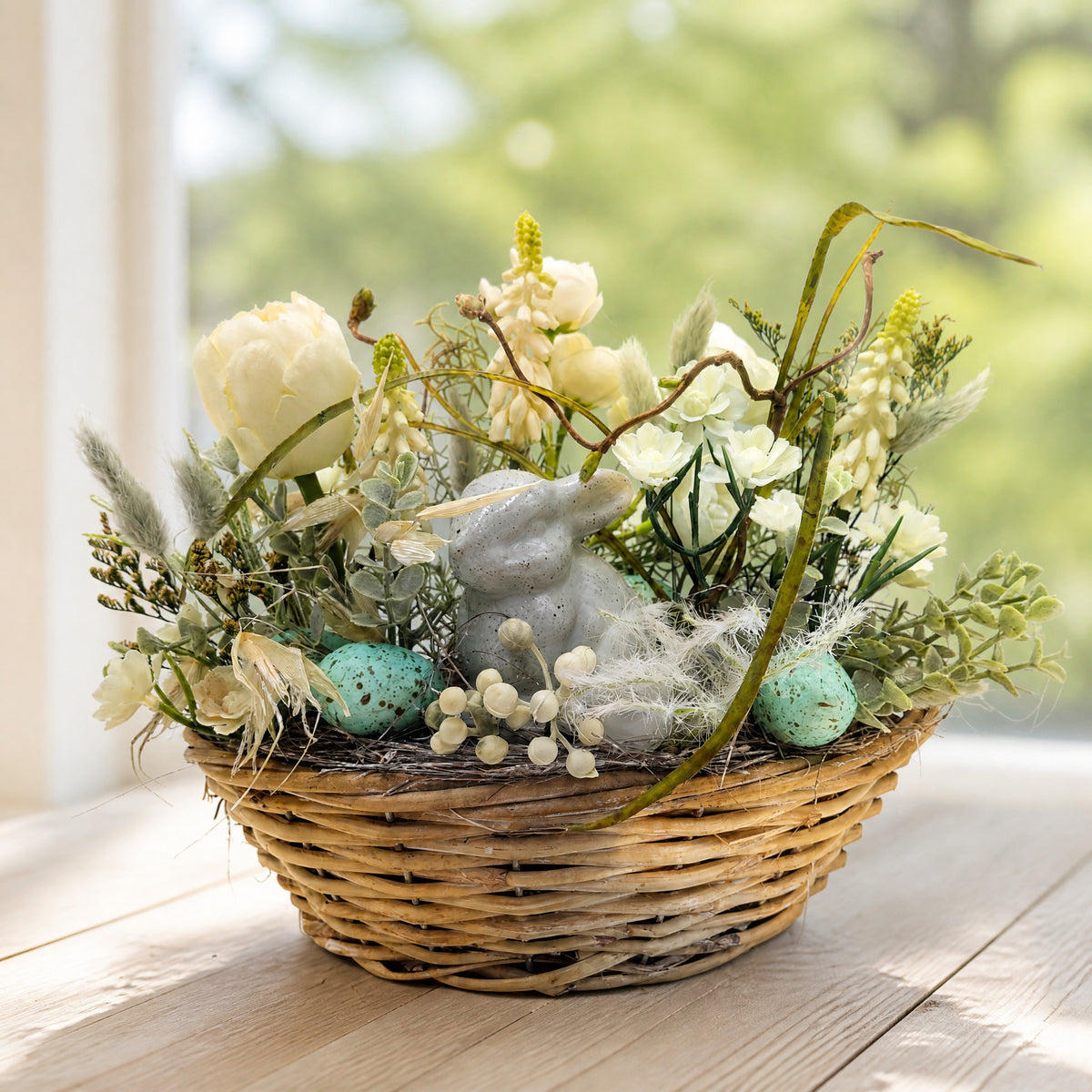 Szene Ostergesteck Frühlingsgesteck Ranunkel Hase Gräser weiss
