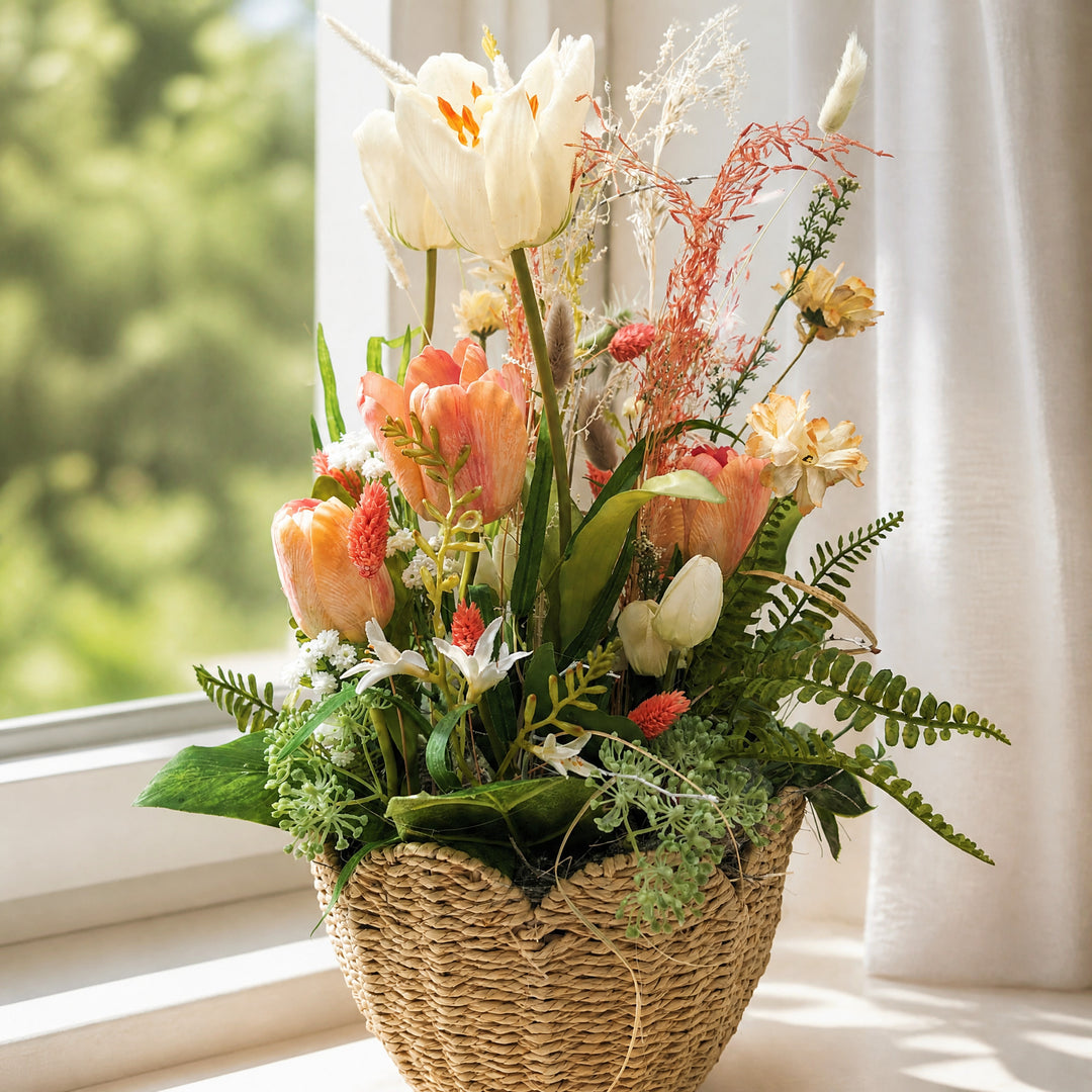 Szene Frühlingsgesteck Tulpen Gräser Farn creme apricot