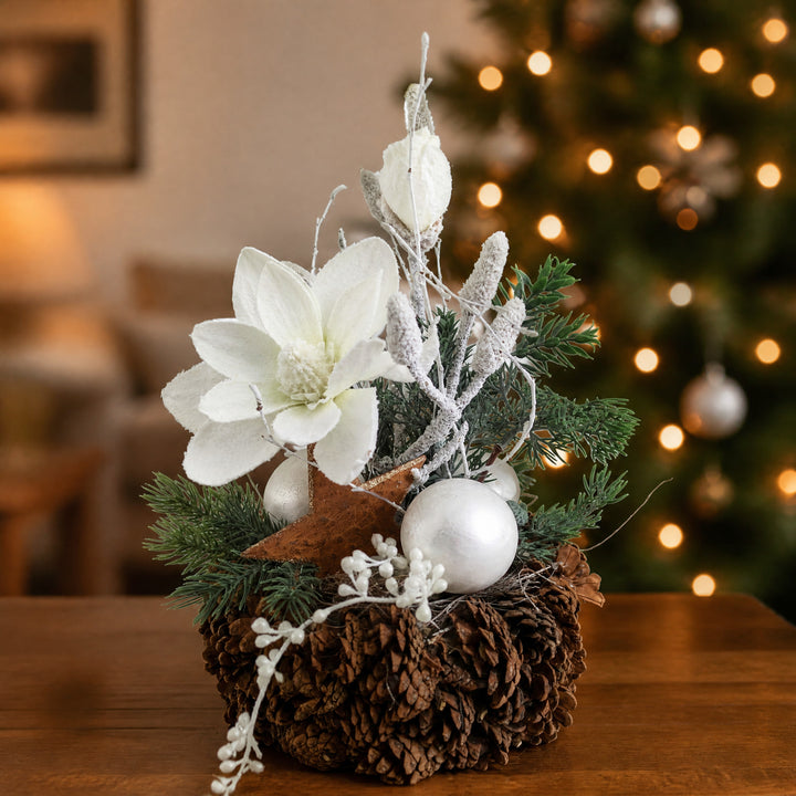 Szene Weihnachtsgesteck Magnolie Zapfen Stern beschneit weiß