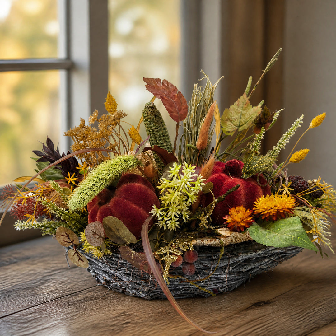 Szene Herbstgesteck Kürbis Gräser Strohblumen braun gold